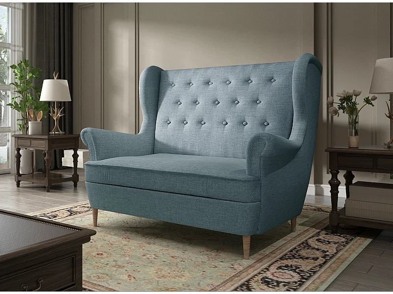 Canapé 2 places tissu bleu clair capitonné Lizzi 150cm