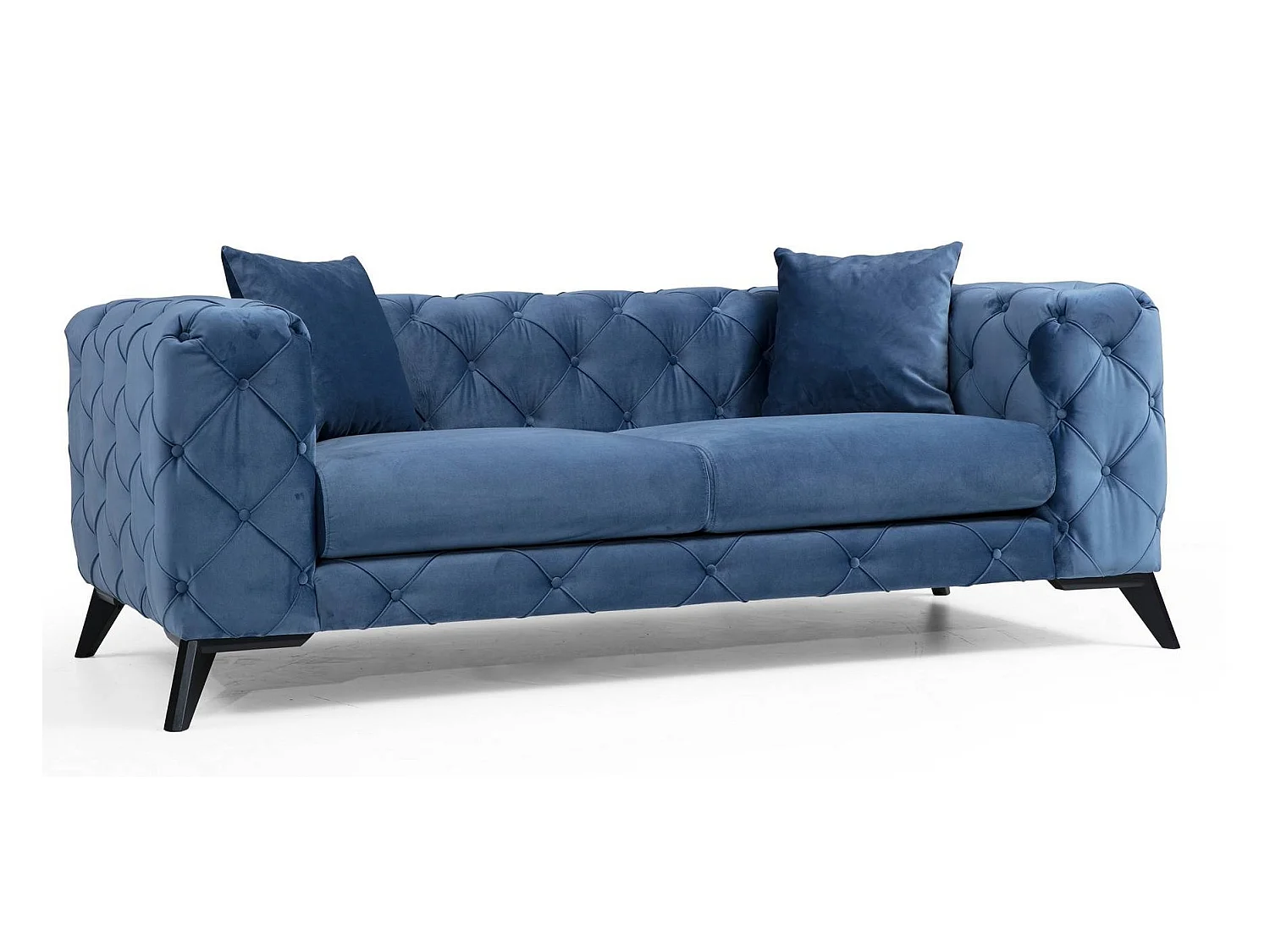 Canapé 2 places capitonné velours bleu et pieds bois noir Herakles 197cm