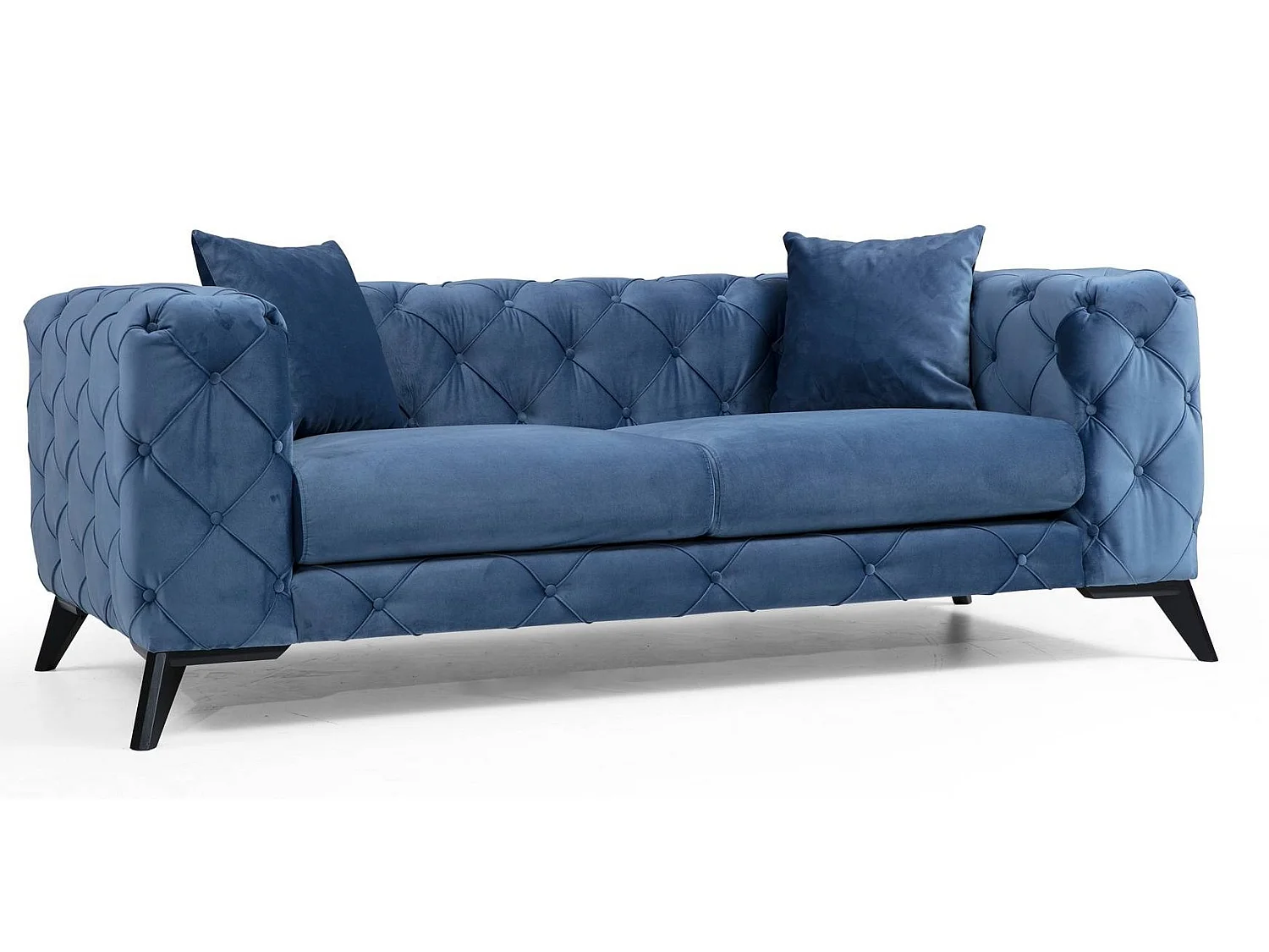 Canapé 2 places capitonné velours bleu et pieds bois noir Herakles 197cm