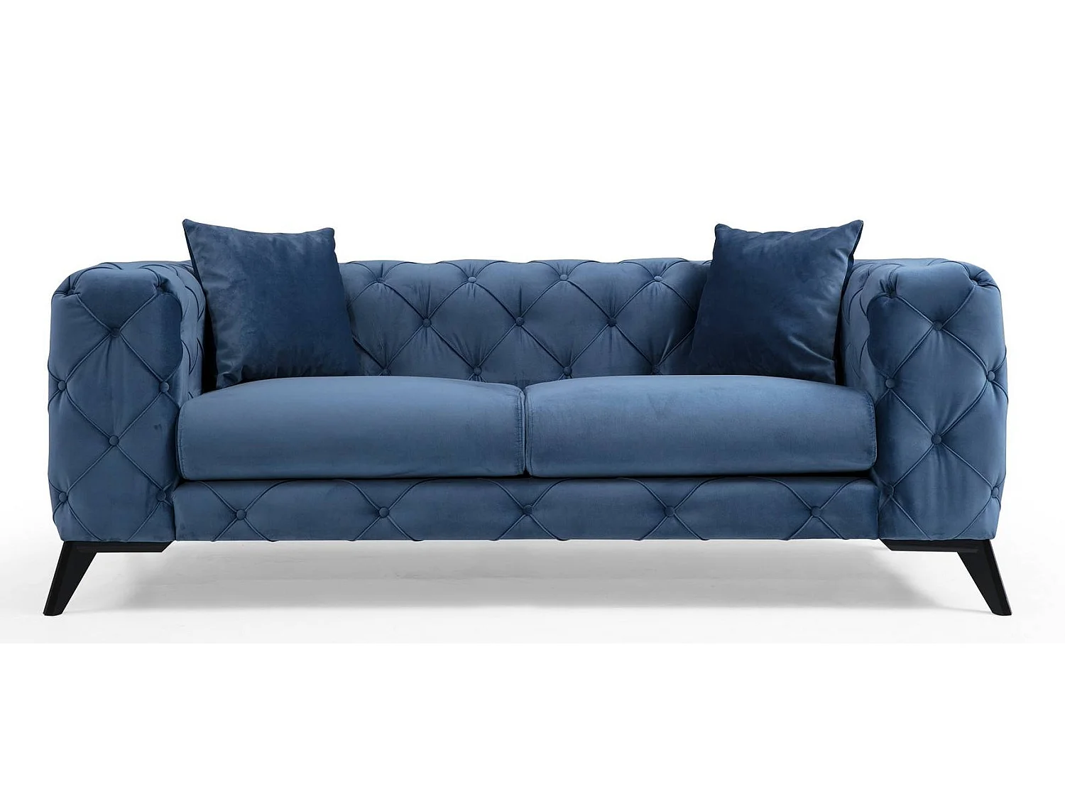 Canapé 2 places capitonné velours bleu et pieds bois noir Herakles 197cm