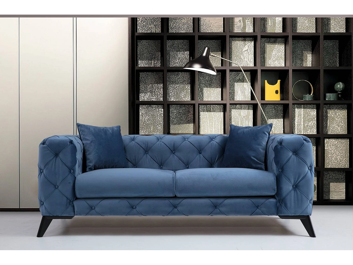 Canapé 2 places capitonné velours bleu et pieds bois noir Herakles 197cm