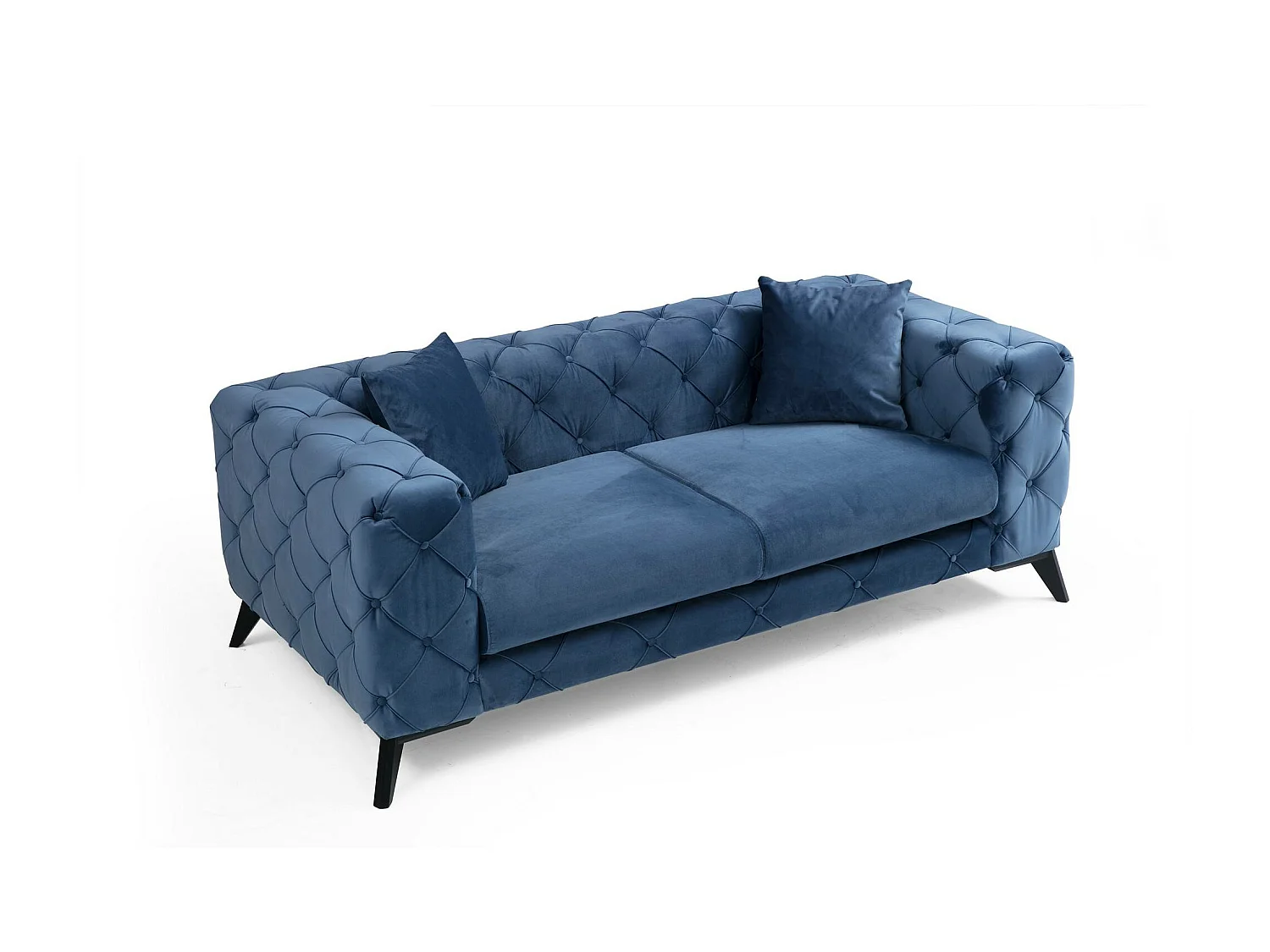 Canapé 2 places capitonné velours bleu et pieds bois noir Herakles 197cm