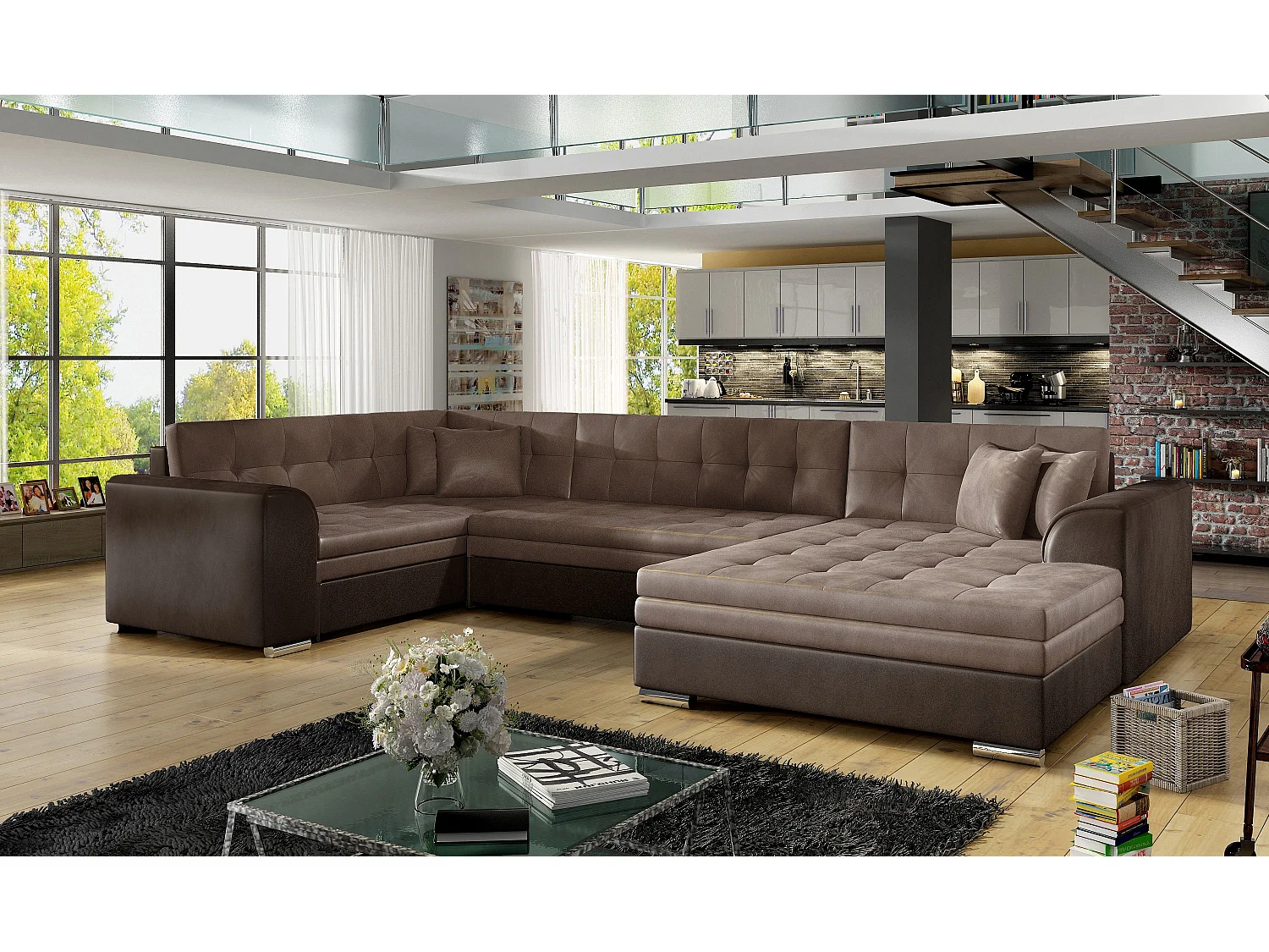 Canapé convertible panoramique velours marron foncé et clair méridienne à droite Diana 340cm