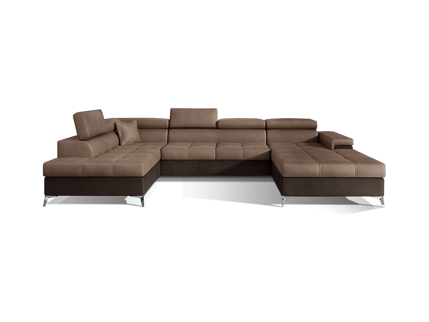 Canapé panoramique convertible KUTTY velours - Rangement et appuie-têtes réglables-Marron foncé/Marron clair-Coffre de rangement à gauche