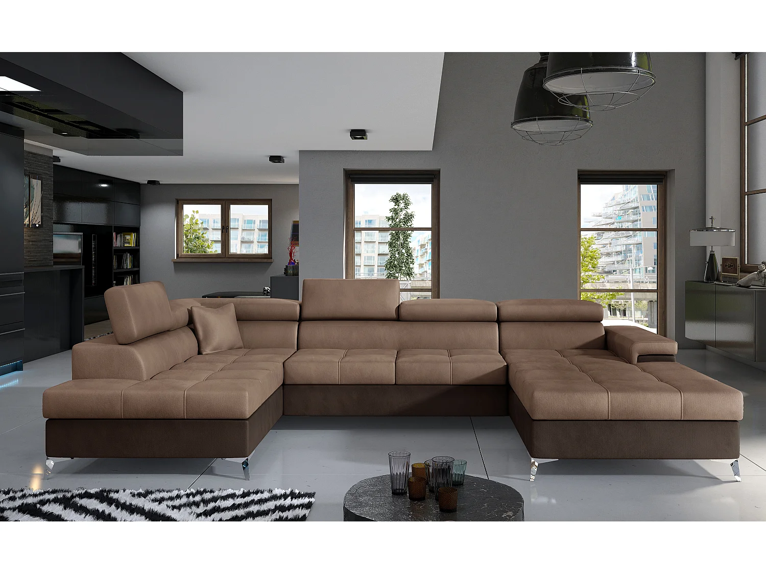 Canapé panoramique convertible KUTTY velours - Rangement et appuie-têtes réglables-Marron foncé/Marron clair-Coffre de rangement à gauche