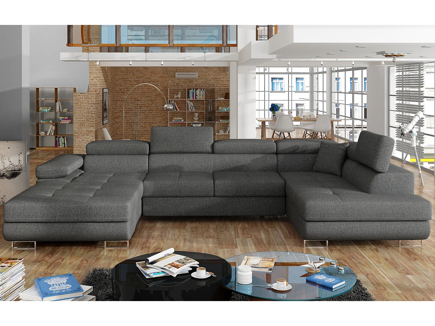 Canapé panoramique tissu gris foncé convertible avec coffre de rangement Romano 345cm-Coffre de rangement à droite