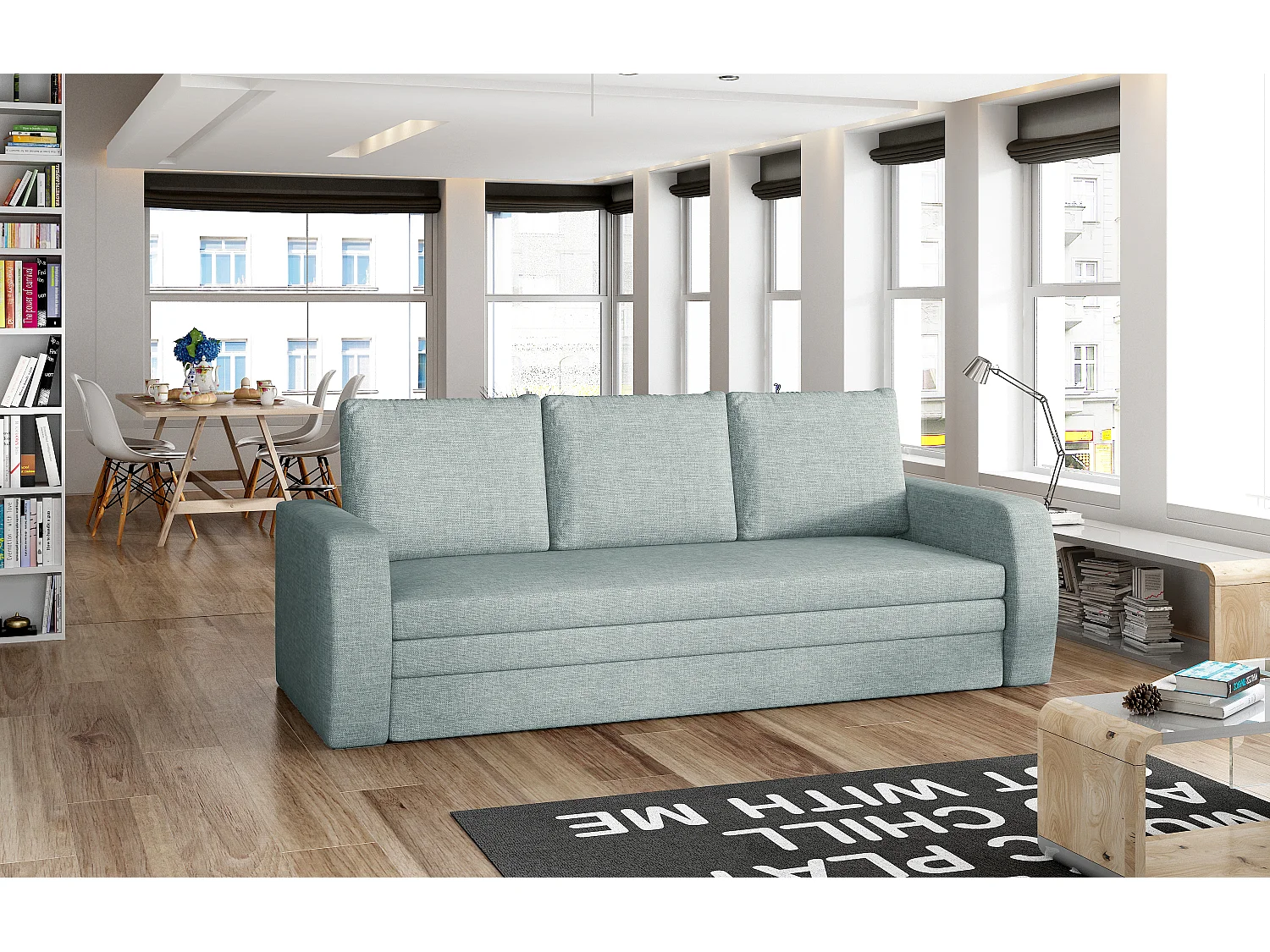 Canapé lit tissu vert d'eau avec coffre de rangement Liverna 220cm