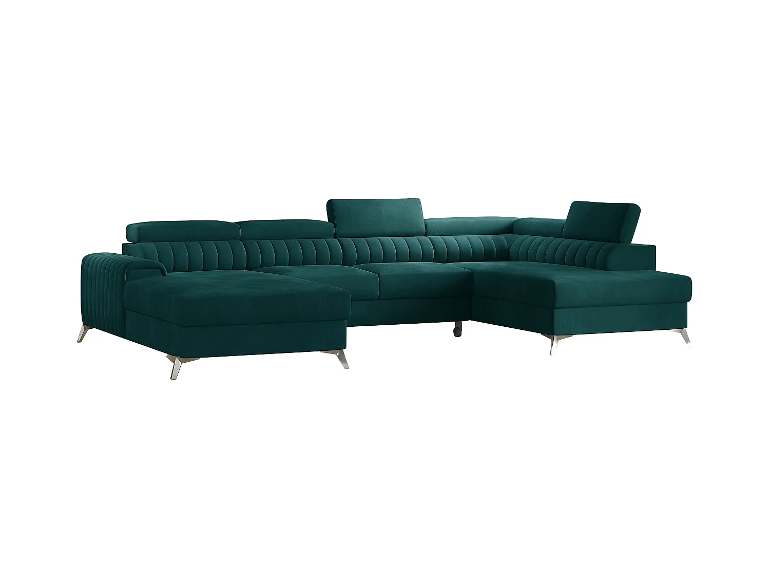 Canapé d'angle U velours vert coffre de rangement à droite Kalante 347cm