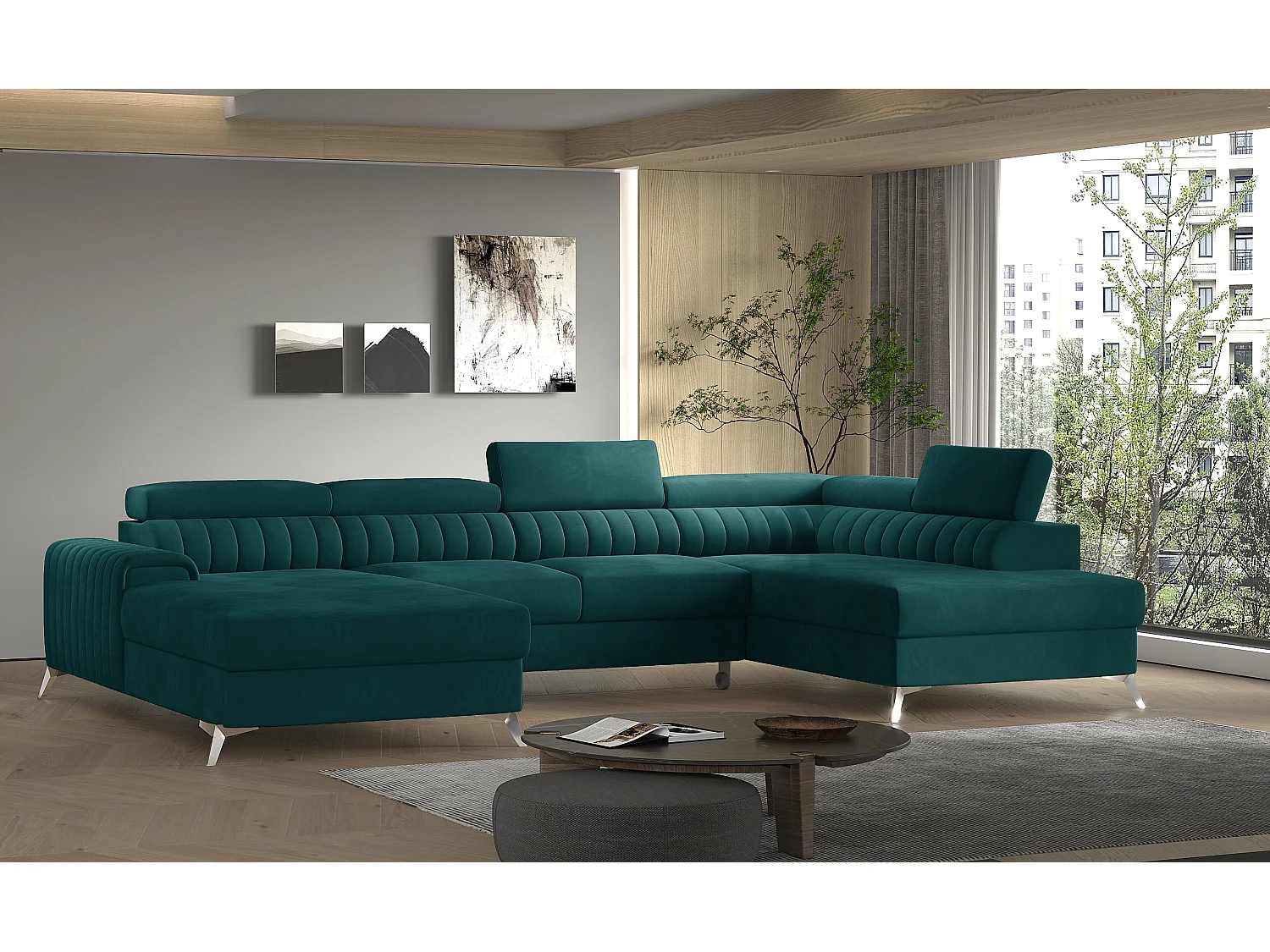 Canapé d'angle U velours vert coffre de rangement à droite Kalante 347cm