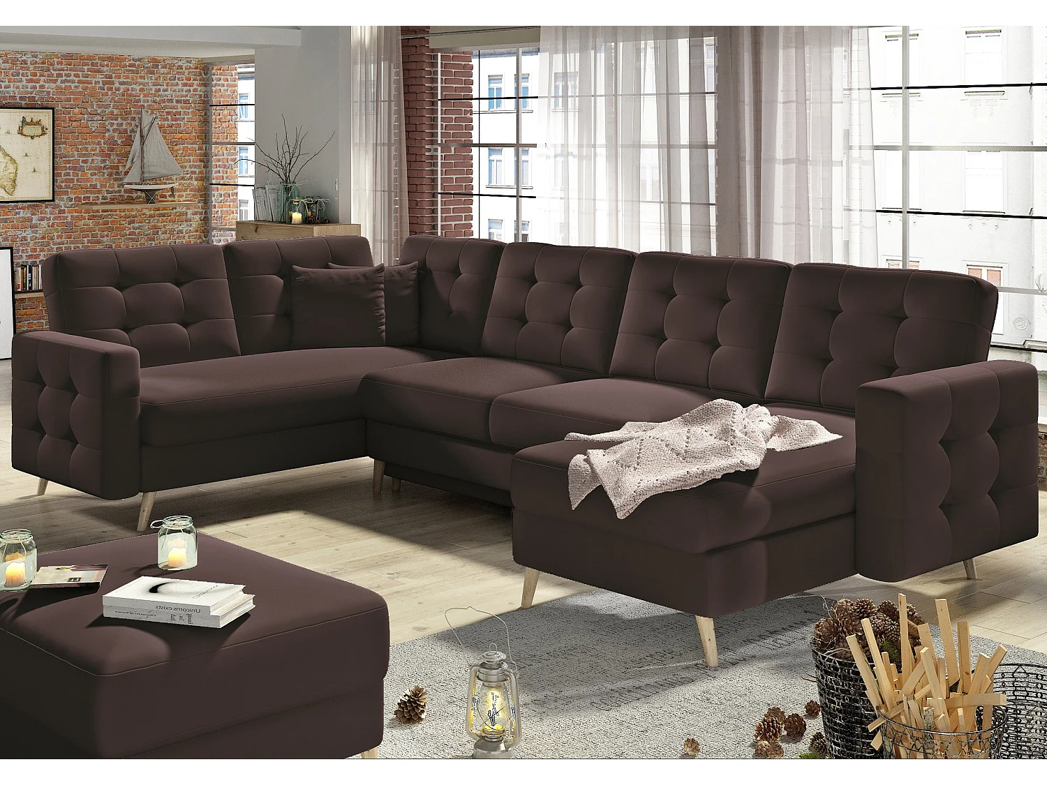 Canapé panoramique convertible capitonné simili cuir marron Anska 320cm