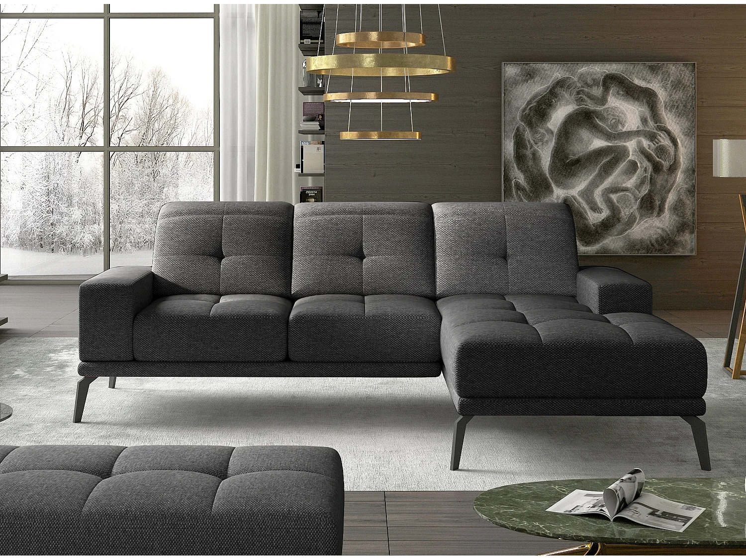 Canapé d'angle droit 5 places tissu gris anthracite Torpille 265cm