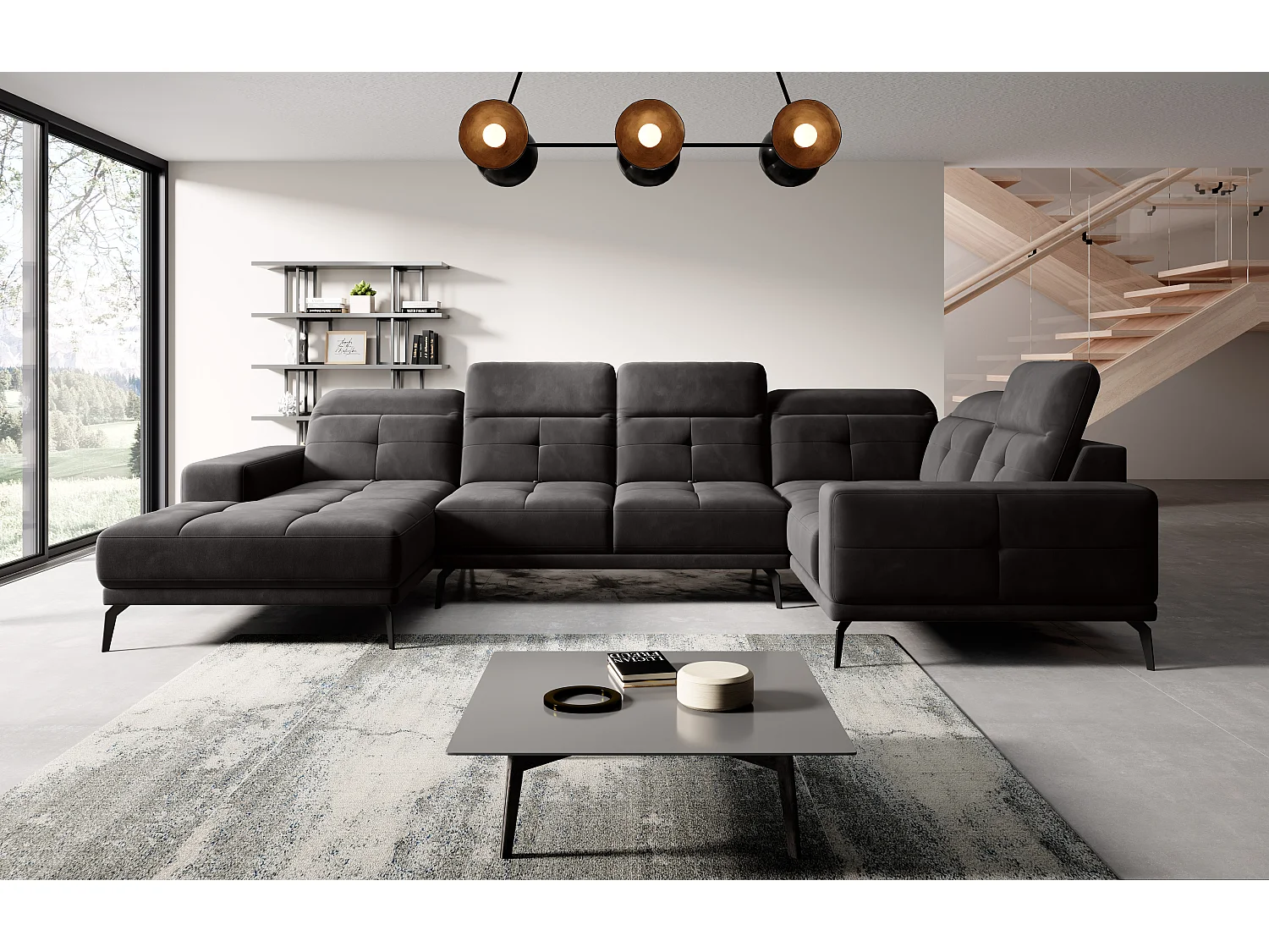 Panoramische design bank zwarte stof haakse hoofdsteunen met armleuning Stan 350 cm