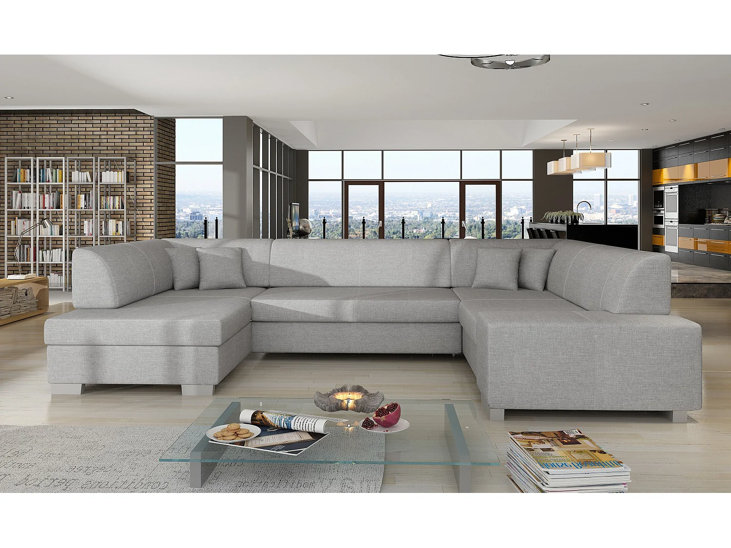 Canapé convertible panoramique tissu gris clair avec coffre de rangement Houston 320cm-Coffre de rangement à gauche