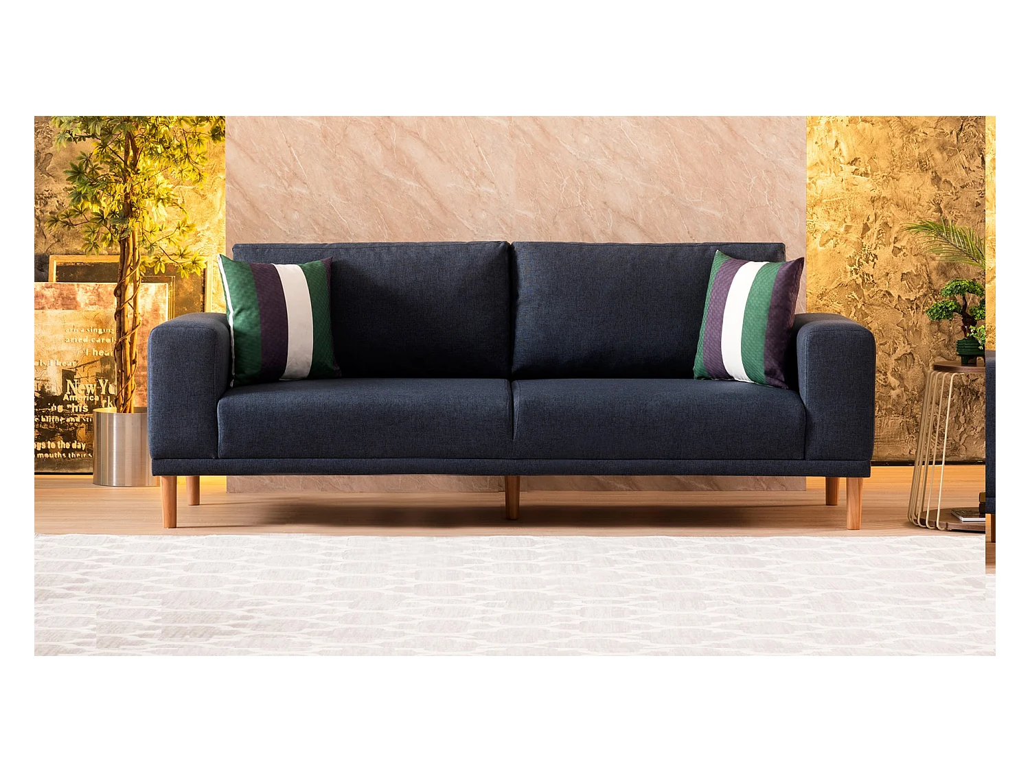 Canapé 3 places tissu bleu foncé Zendy 220cm