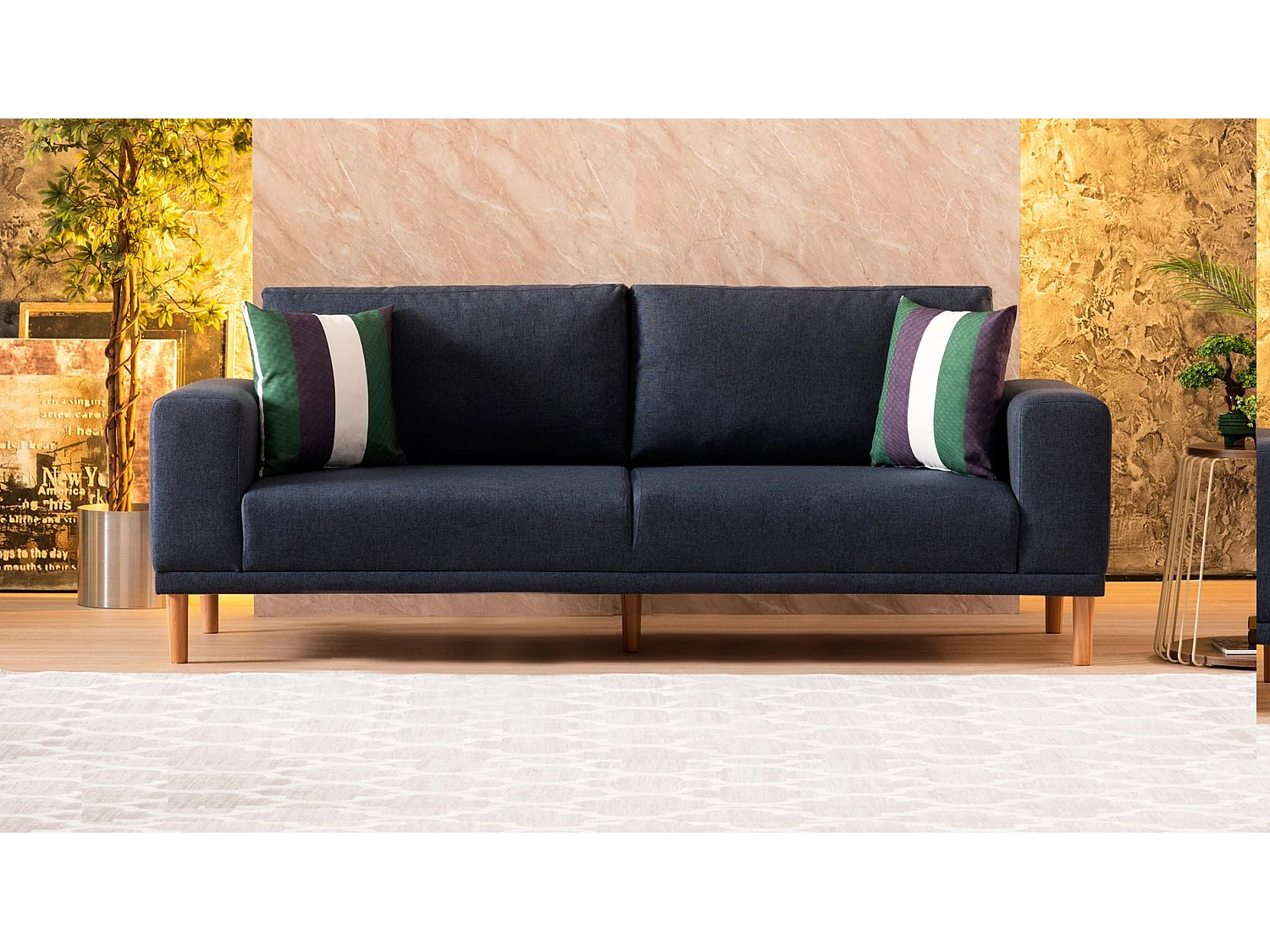 Canapé 3 places tissu bleu foncé Zendy 220cm