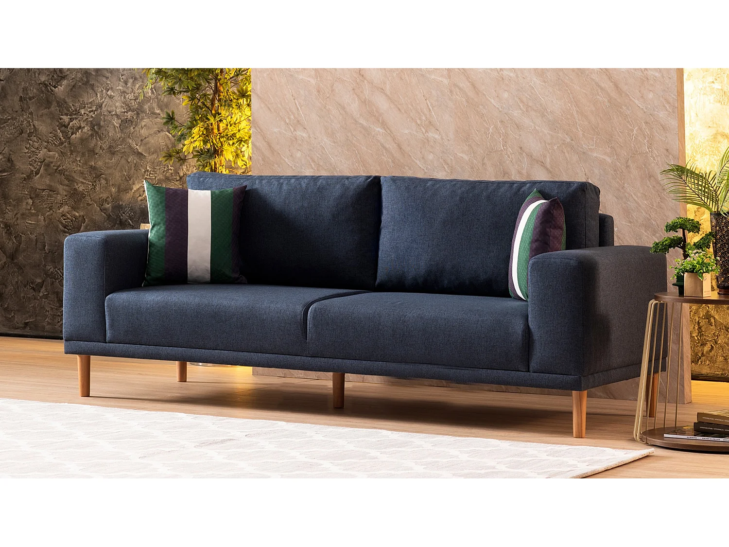 Canapé 3 places tissu bleu foncé Zendy 220cm