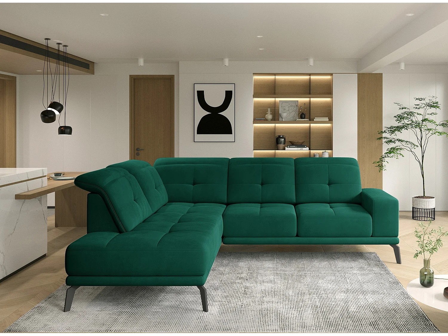 Canapé d'angle gauche design matelassé tissu doux brillant vert et pied noir Kazane 275cm