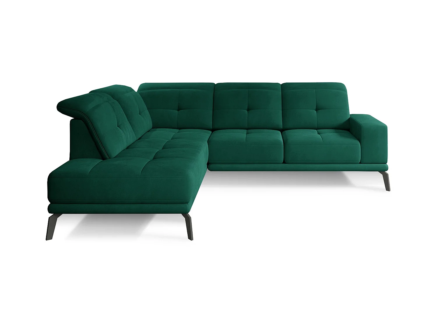 Canapé d'angle gauche design matelassé tissu doux brillant vert et pied noir Kazane 275cm