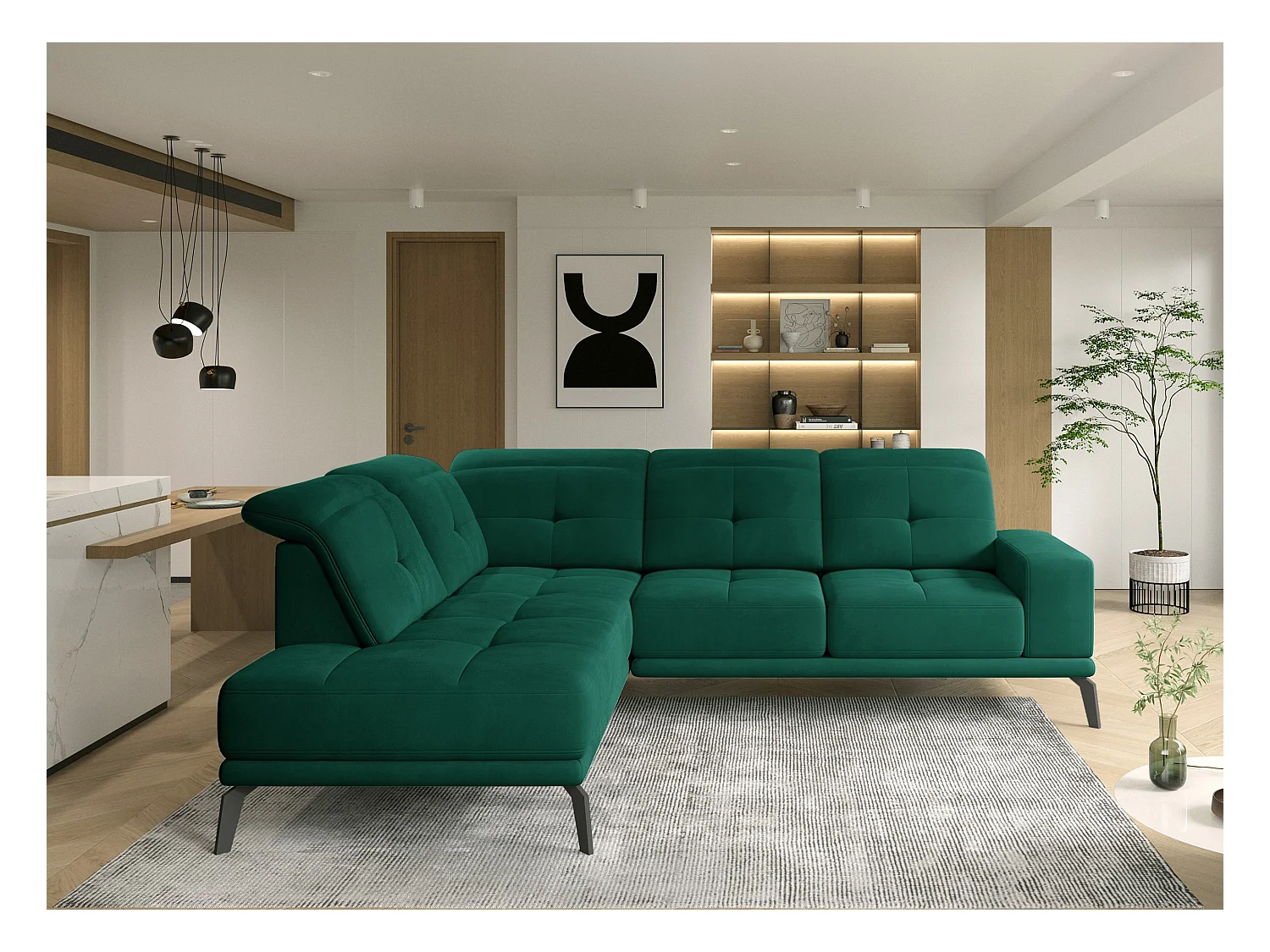 Canapé d'angle gauche design matelassé tissu doux brillant vert et pied noir Kazane 275cm