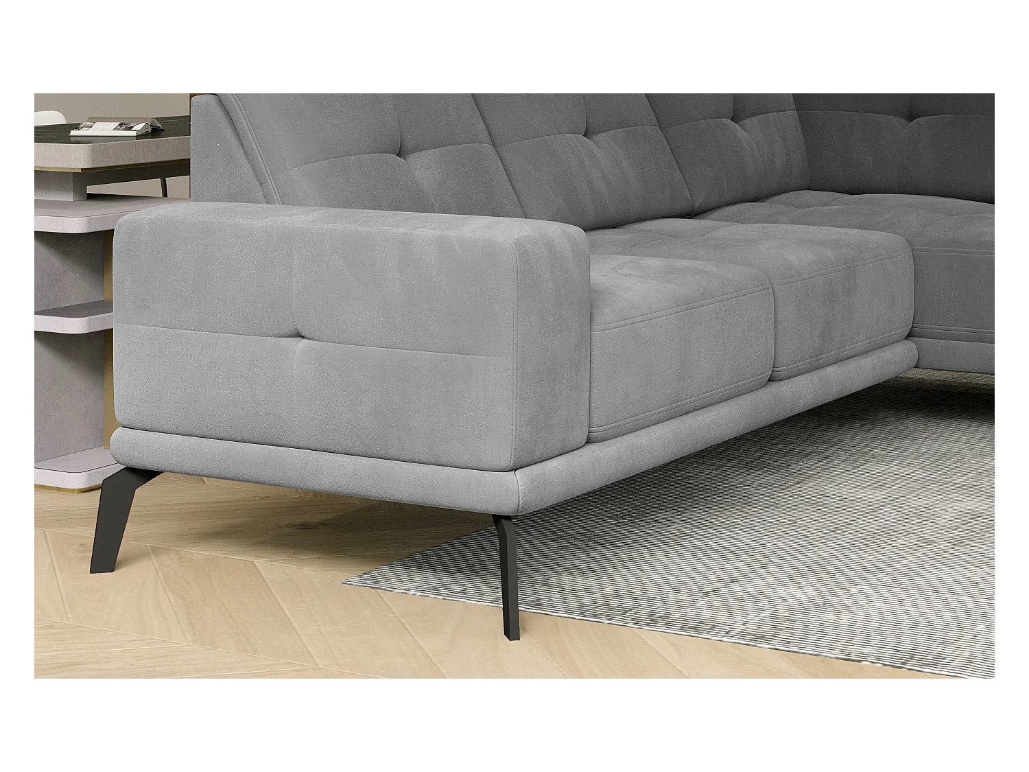 Canapé d'angle gauche design matelassé tissu doux brillant vert et pied noir Kazane 275cm