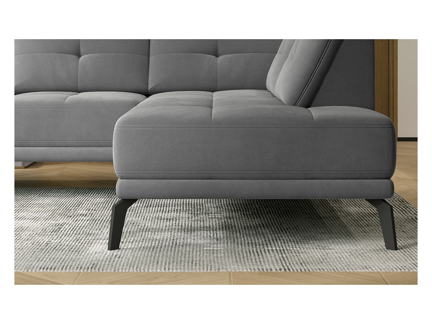 Canapé d'angle gauche design matelassé tissu doux brillant vert et pied noir Kazane 275cm