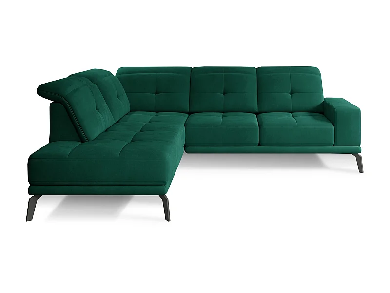 Canapé d'angle gauche design matelassé tissu doux brillant vert et pied noir Kazane 275cm