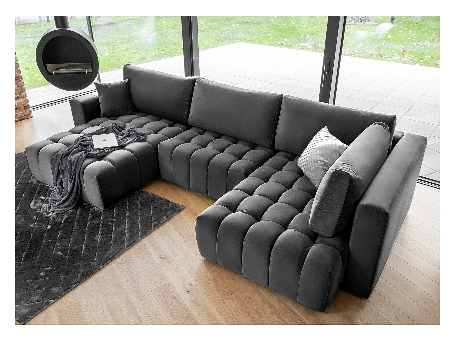 Canapé panoramique convertible design capitonné tissu doux noir méridienne gauche Boston 350cm