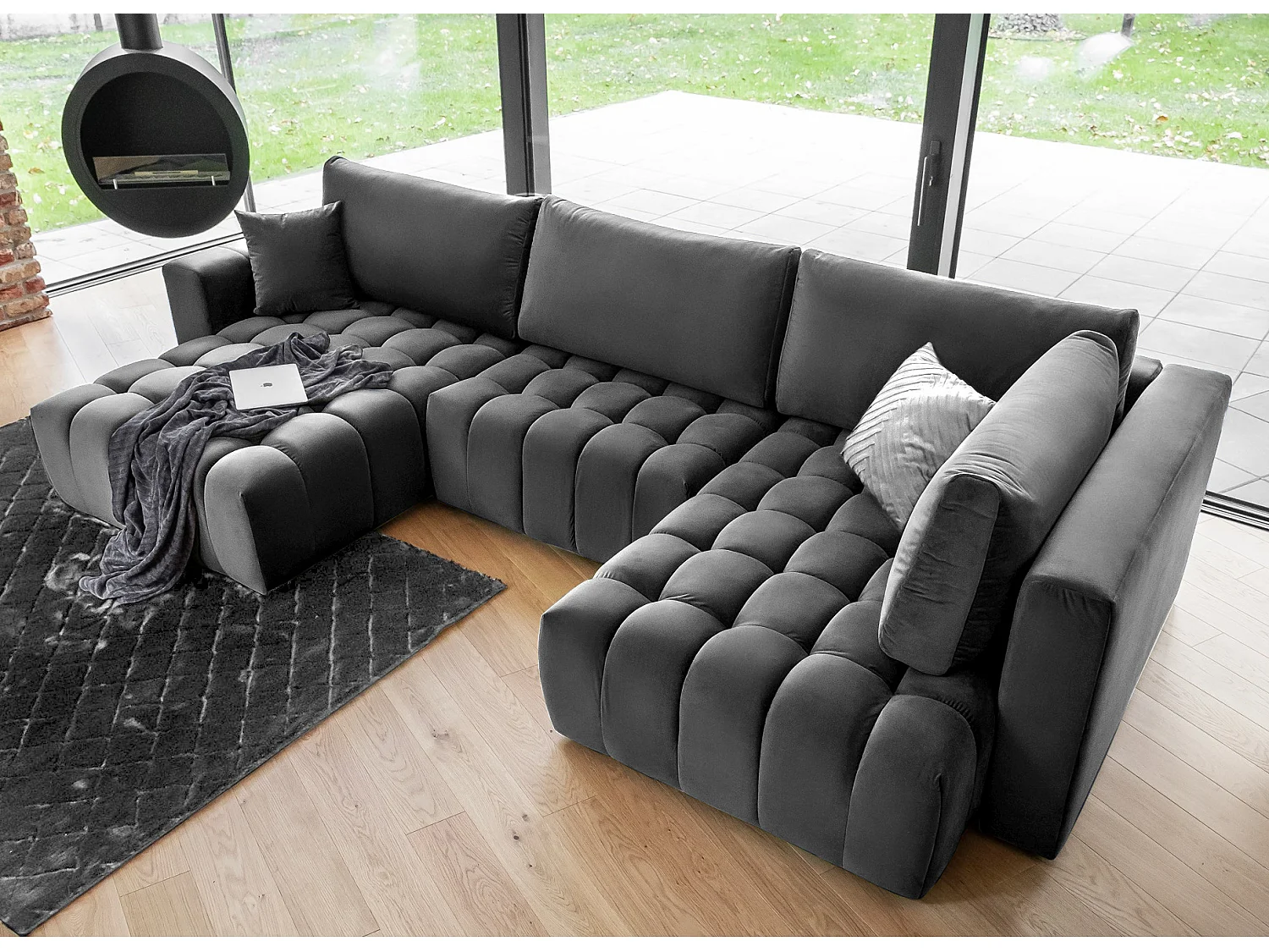 Canapé panoramique convertible design capitonné tissu doux noir méridienne gauche Boston 350cm