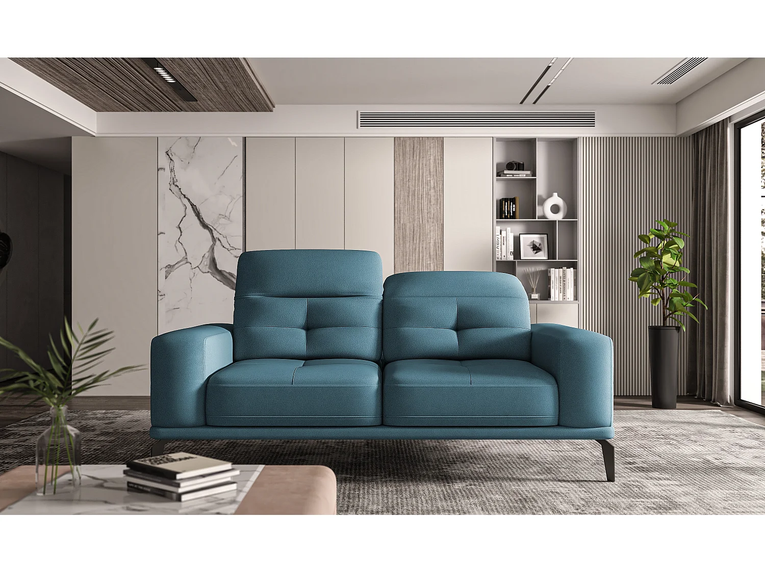 Canapé droit design 2-3 places tissu bleu canard Torpille 195cm