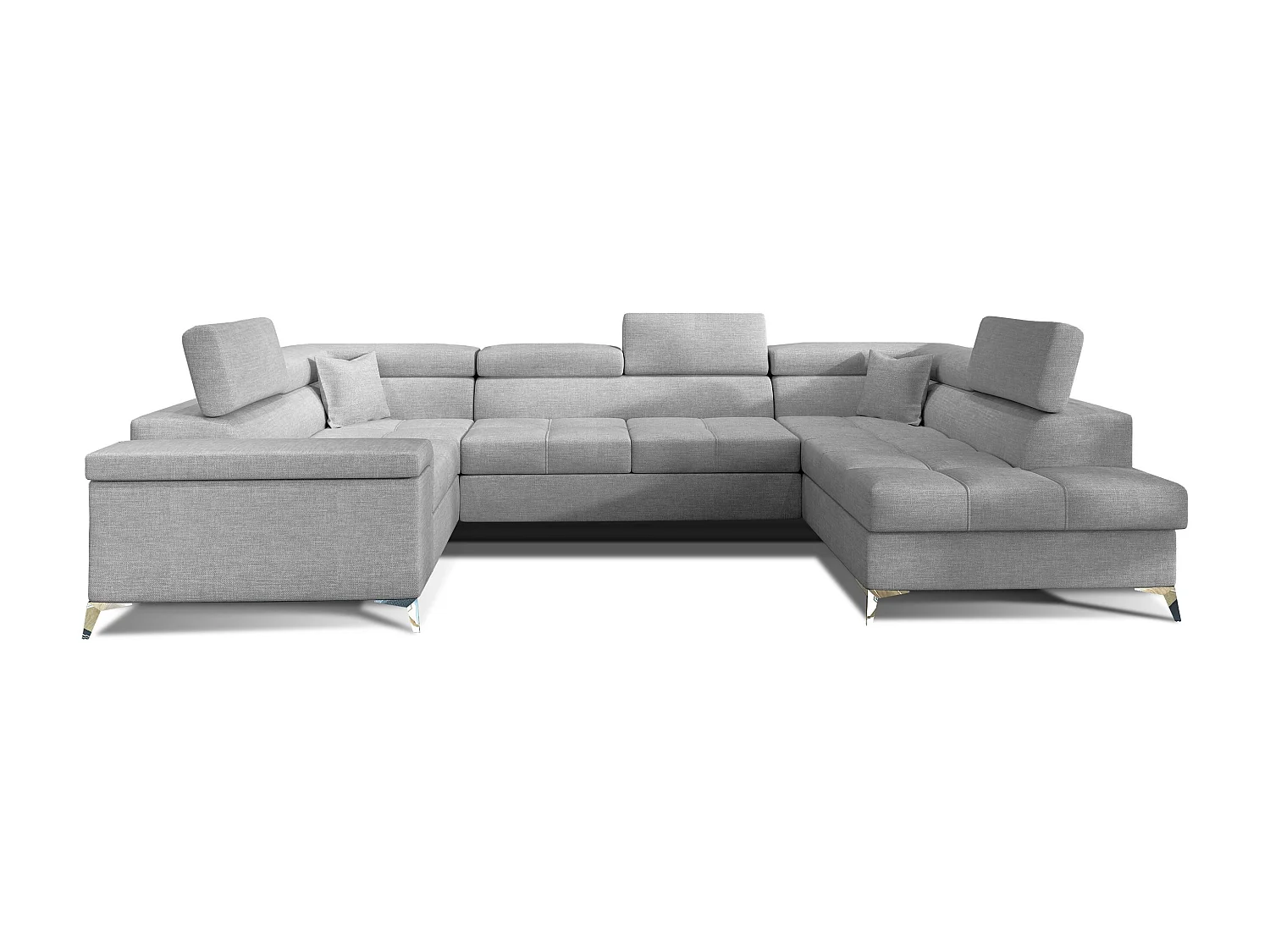 Canapé panoramique convertible tissu gris clair avec coffre de rangement Triano 342cm-Coffre de rangement à droite