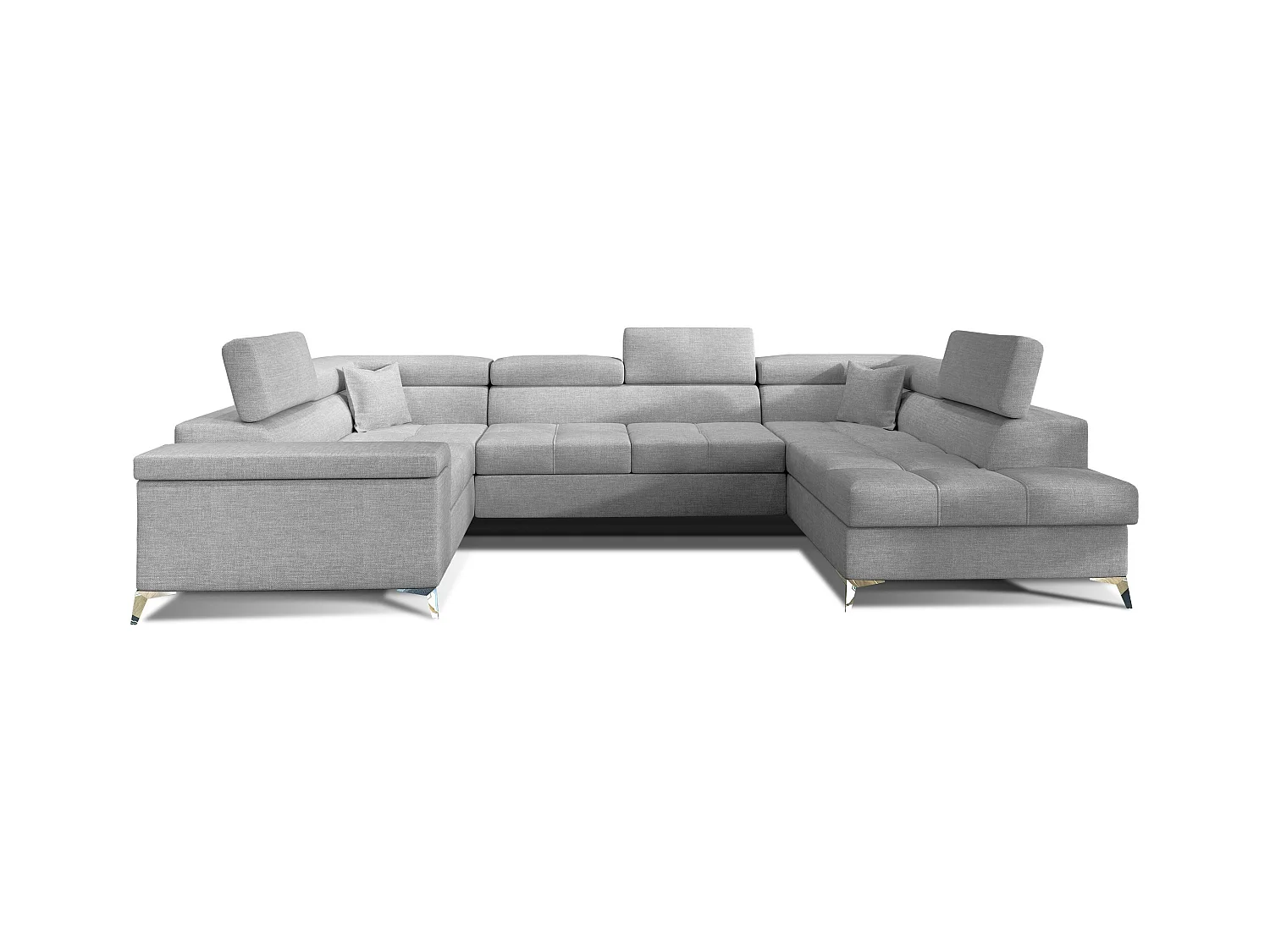 Canapé panoramique convertible tissu gris clair avec coffre de rangement Triano 342cm-Coffre de rangement à droite