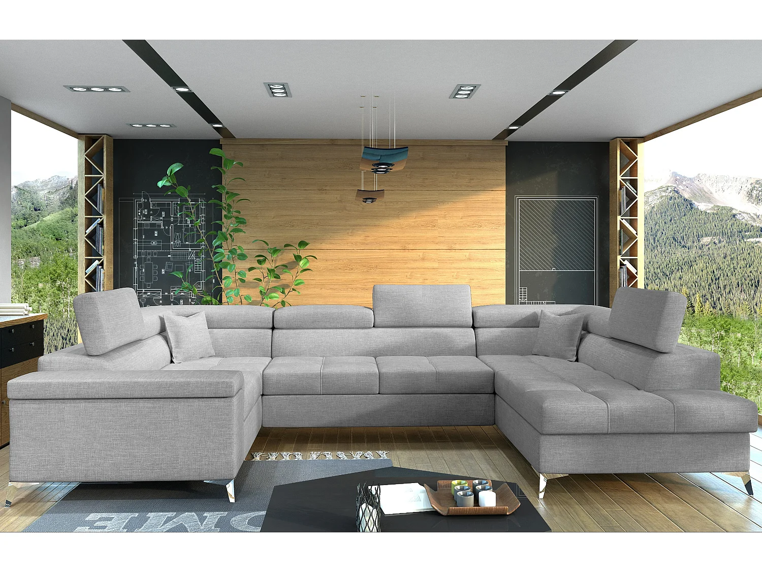 Canapé panoramique convertible tissu gris clair avec coffre de rangement Triano 342cm-Coffre de rangement à droite