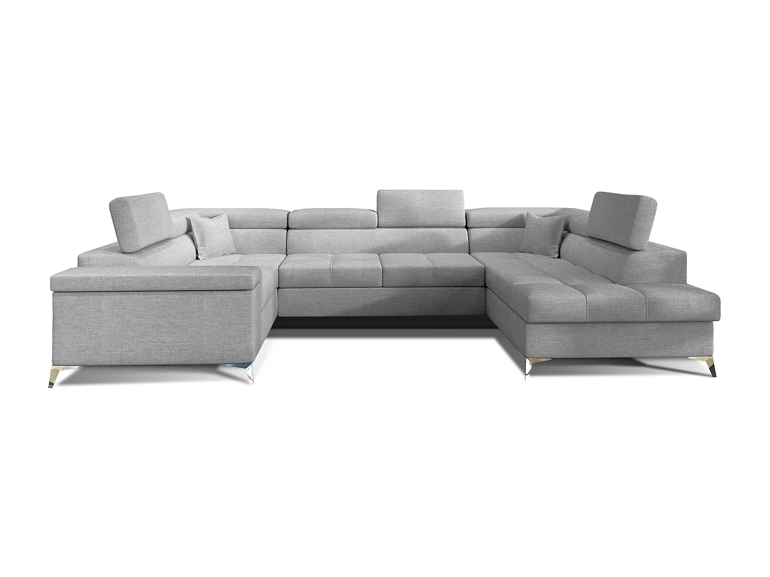 Canapé panoramique convertible tissu gris clair avec coffre de rangement Triano 342cm-Coffre de rangement à droite