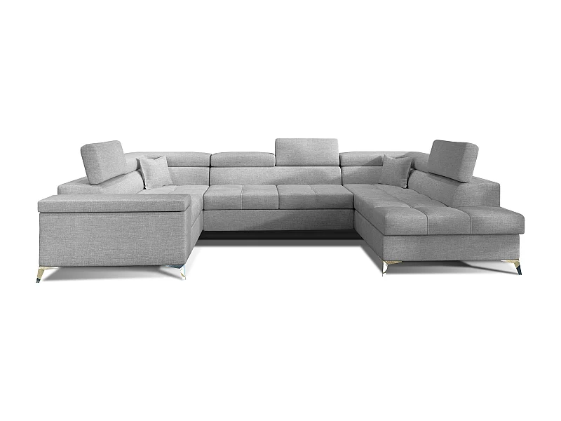 Canapé panoramique convertible tissu gris clair avec coffre de rangement Triano 342cm-Coffre de rangement à droite