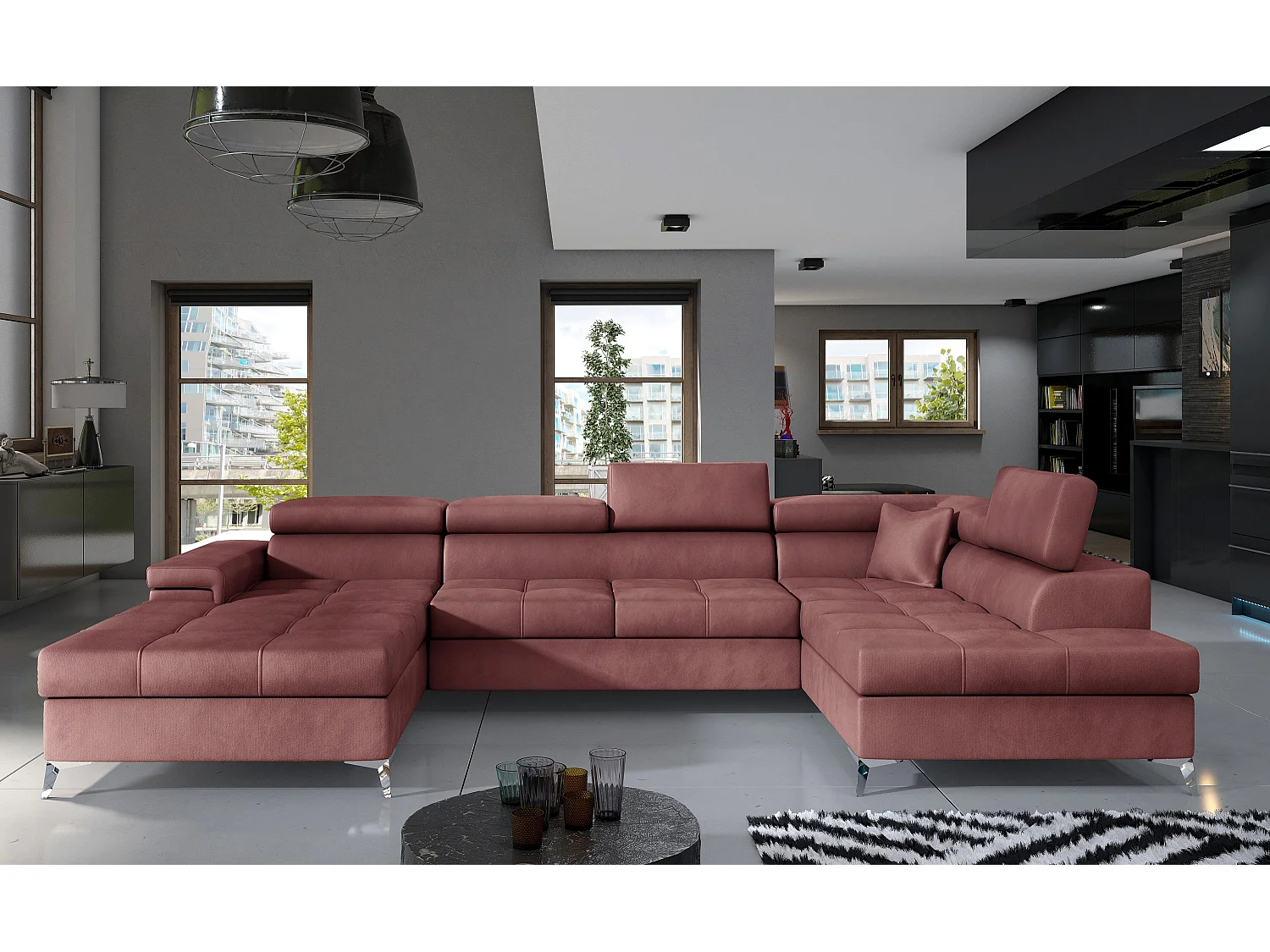 Panoramische bank koper roze fluwelen opbergdoos rechts Kutty 345 cm