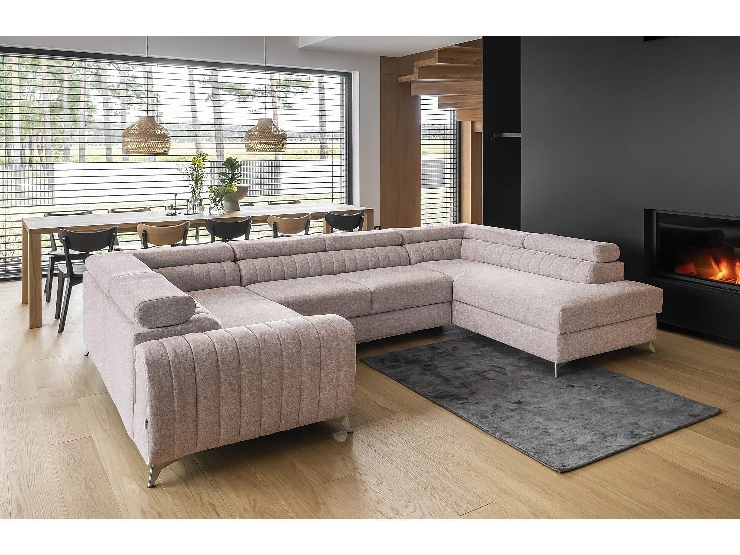 Canapé panoramique convertible LOUVE tissu - Rangement et têtières réglables-Rose clair-Coffre à droite