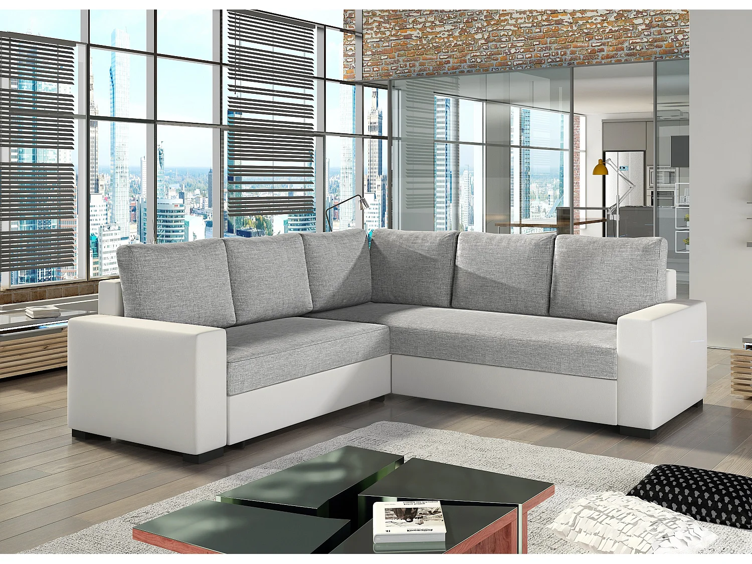 Canapé d'angle convertible simili blanc et tissu gris clair Travor 235cm