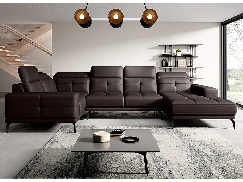 Panoramische designbank in bruin imitatieleer hoofdsteunen linkerhoek met Stan armleuning 350 cm