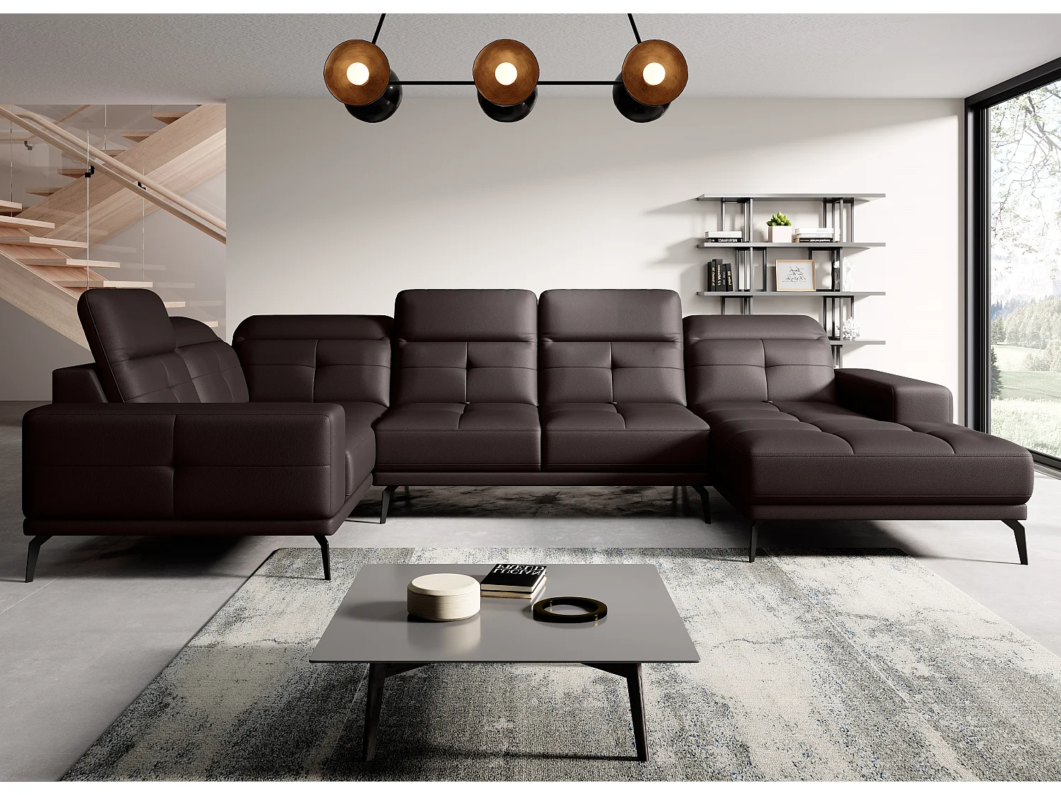 Panoramische designbank in bruin imitatieleer hoofdsteunen linkerhoek met Stan armleuning 350 cm