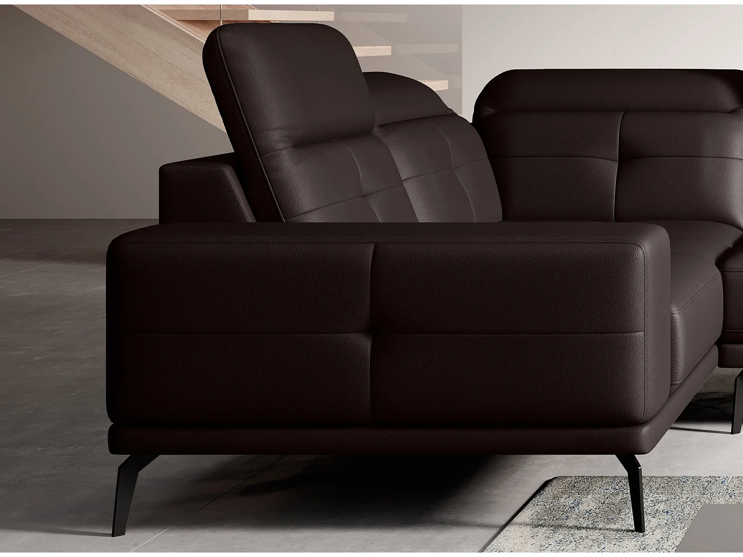 Panoramische designbank in bruin imitatieleer hoofdsteunen linkerhoek met Stan armleuning 350 cm