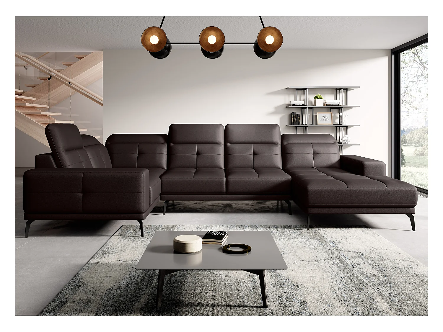 Canapé panoramique design simili cuir marron têtières angle gauche avec accoudoir Stan 350cm