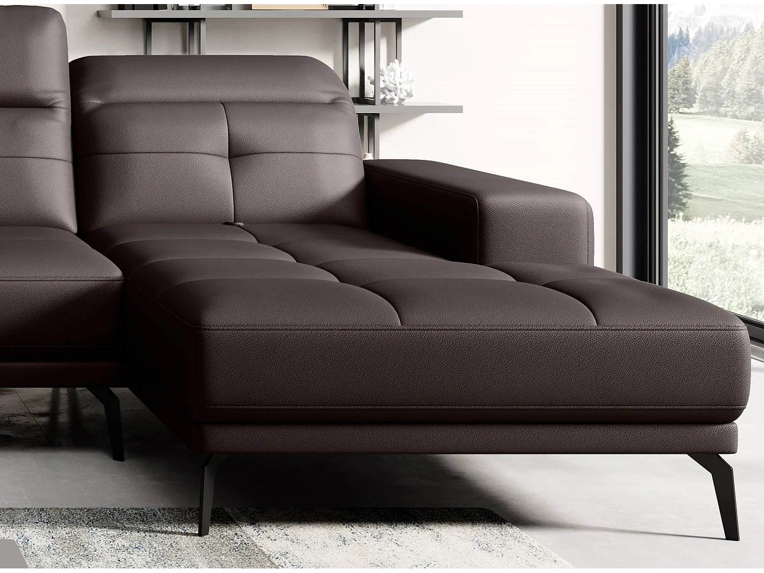 Panoramische designbank in bruin imitatieleer hoofdsteunen linkerhoek met Stan armleuning 350 cm