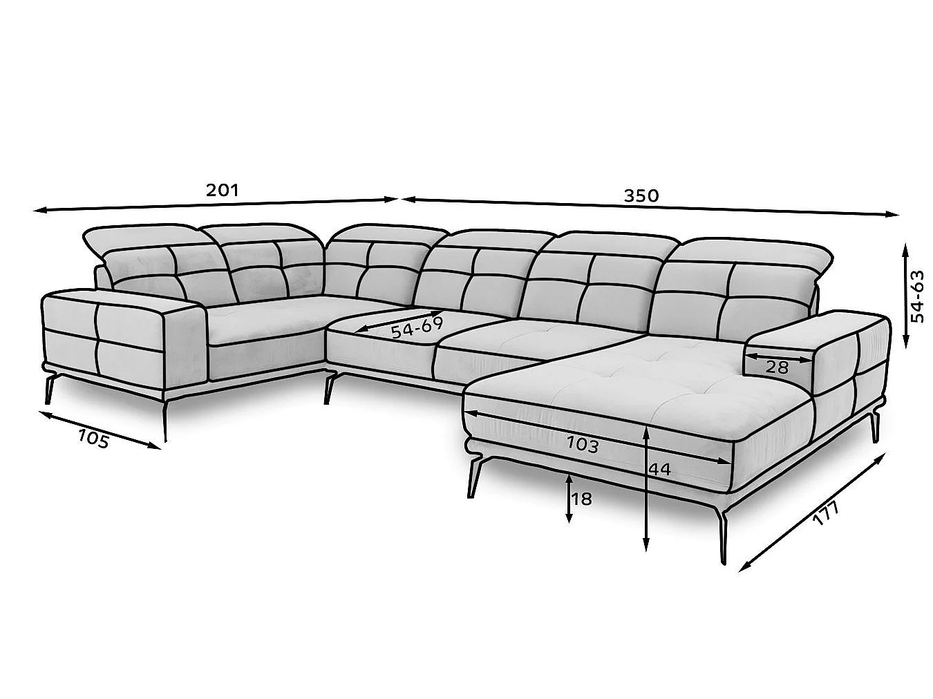 Canapé panoramique design simili cuir marron têtières angle gauche avec accoudoir Stan 350cm