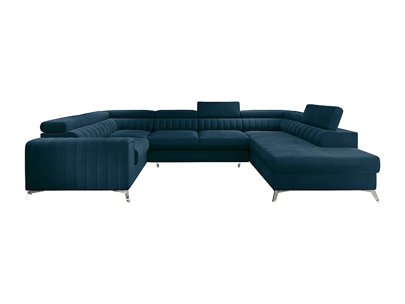 Canapé panoramique convertible velours bleu avec coffre de rangement Louve 340cm-Coffre de rangement à droite