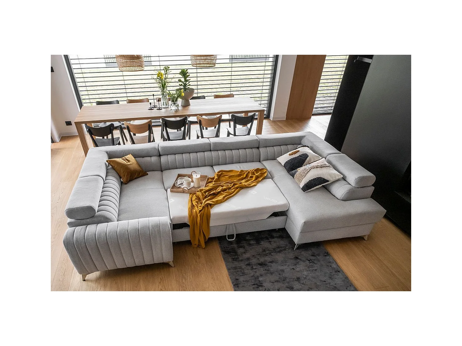 Canapé panoramique convertible velours bleu avec coffre de rangement Louve 340cm-Coffre de rangement à droite