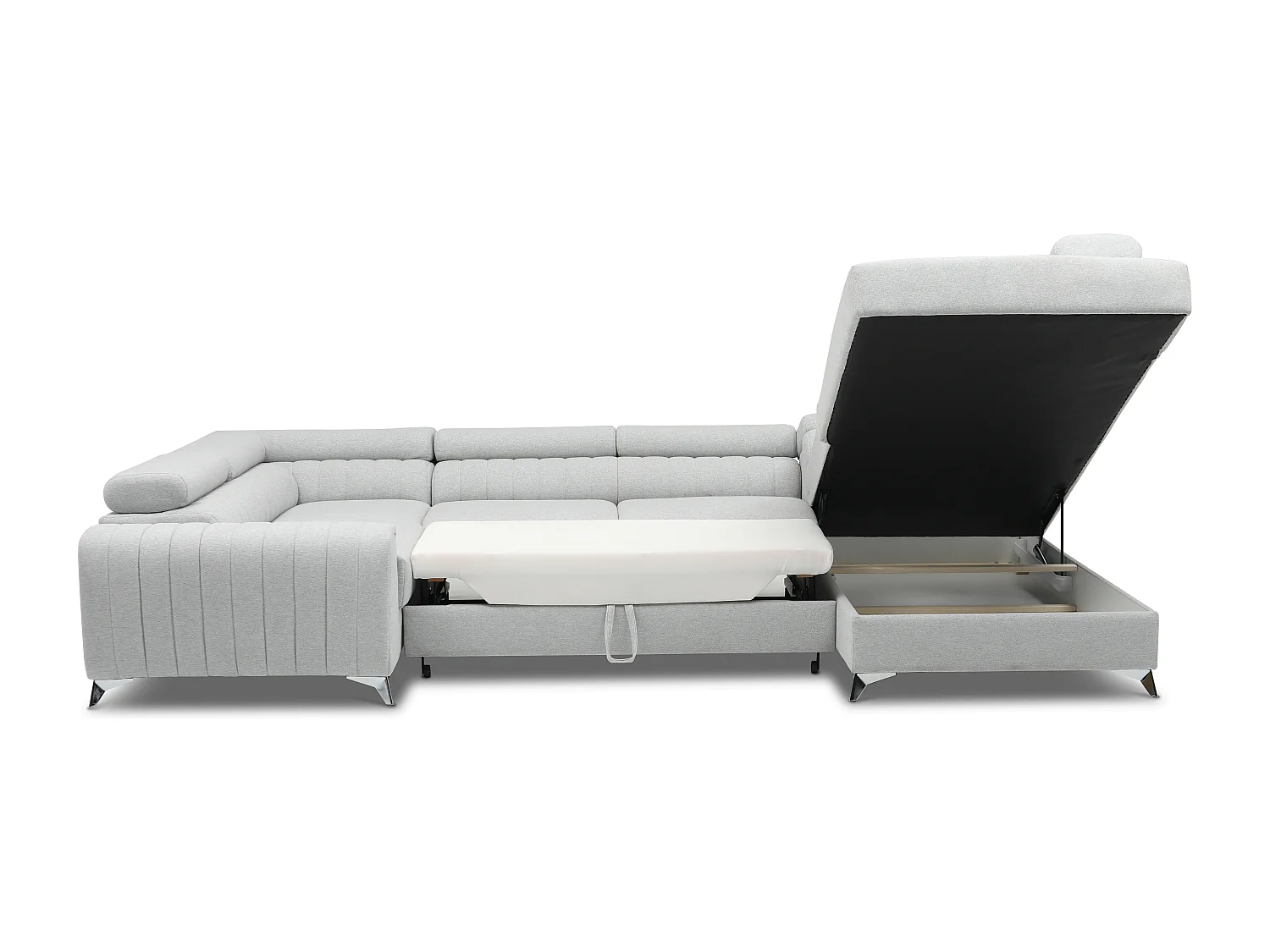 Canapé panoramique convertible velours bleu avec coffre de rangement Louve 340cm-Coffre de rangement à droite