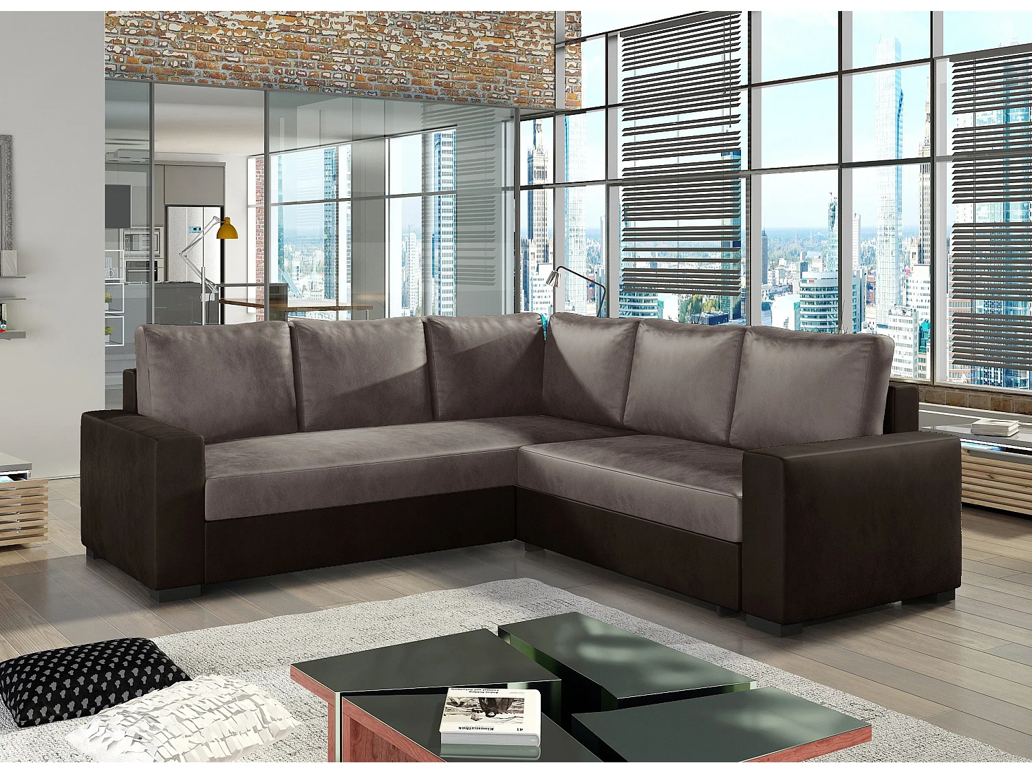 Travor licht- en donkerbruine fluwelen converteerbare hoekbank 235 cm