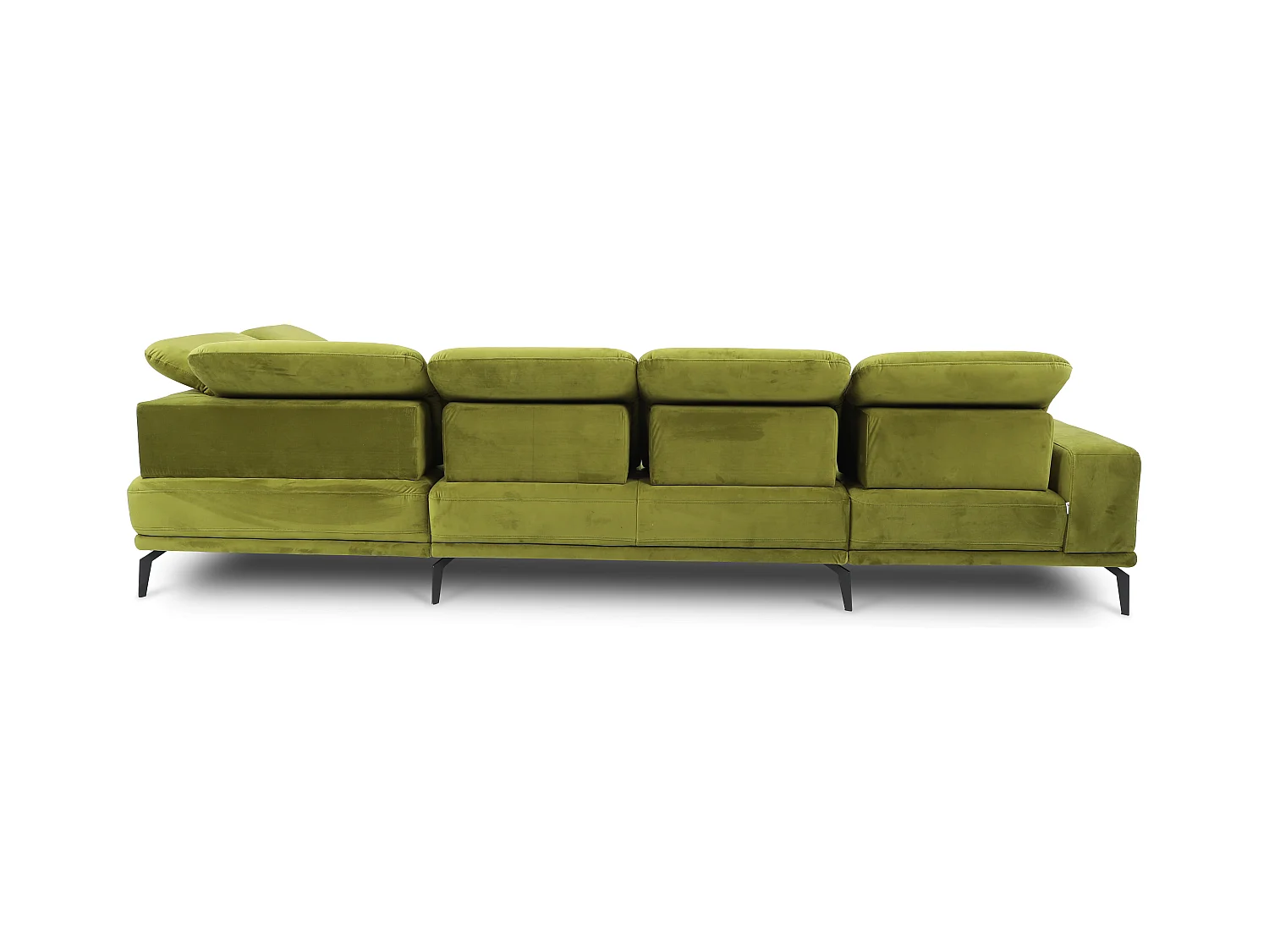 Moderne panoramische bank donkergroene stof haakse hoofdsteunen Versus 350 cm