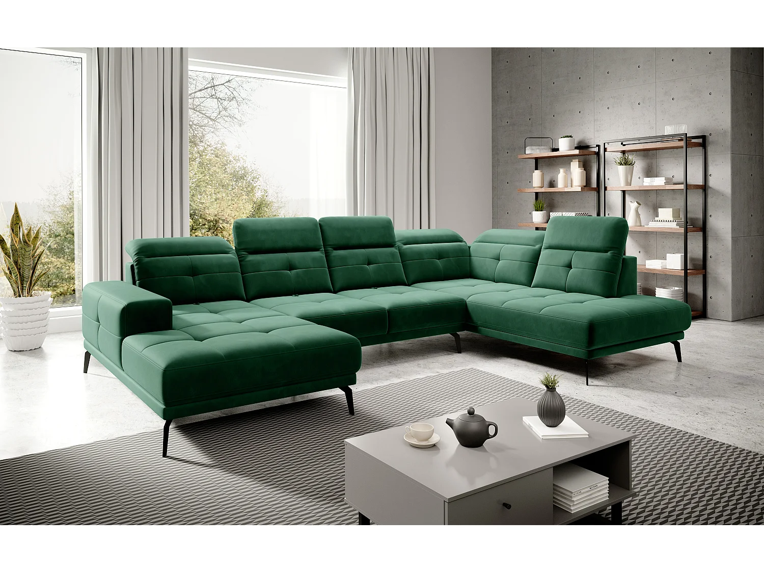 Canapé panoramique moderne tissu vert foncé têtières angle droit Versus 350cm