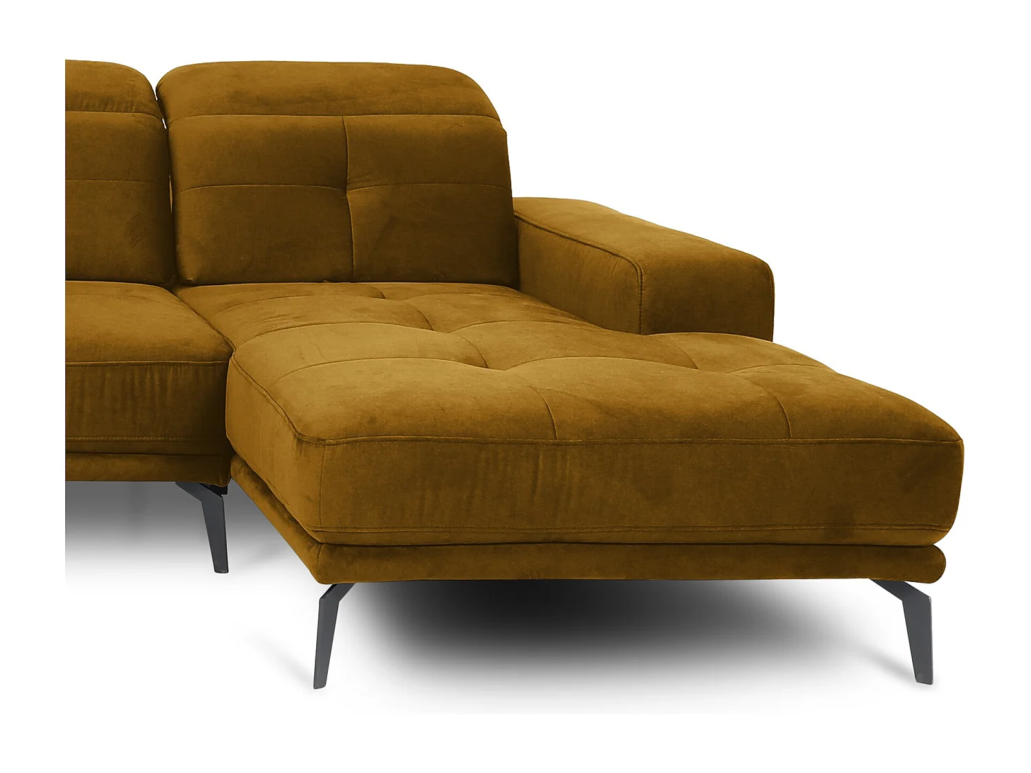 Canapé panoramique design velours jaune têtières angle gauche avec accoudoir Stan 350cm